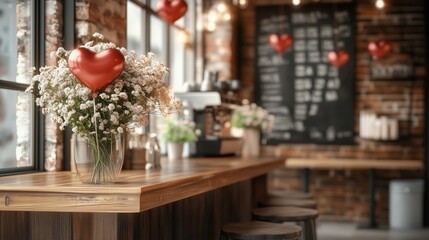 Cozy caf&eacute; interior with heart-shaped balloons and floral arrangements creating a romantic atmosphere for guests