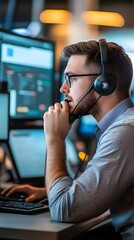 A customer service representative talking to a client on the phone while working at a desk with multiple screens and notes