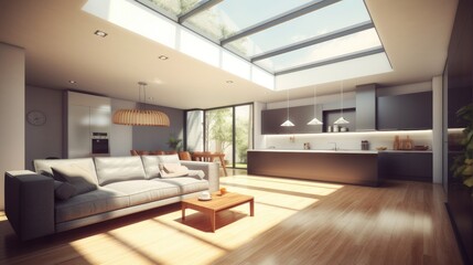 Fototapeta premium Open Concept Living with Skylight: A modern, minimalist living room with a large skylight that floods the space with natural light, creating a bright and airy atmosphere.