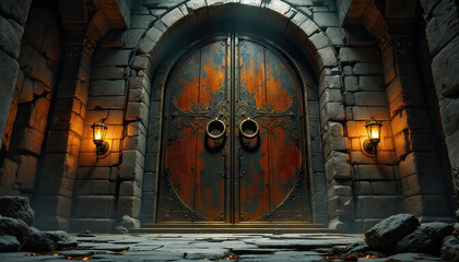 A hyper-realistic scene of a grand dungeon entrance, with a massive, ancient iron door standing tall at the threshold. The door is adorned with intricate engravings and rust, with large iron rings