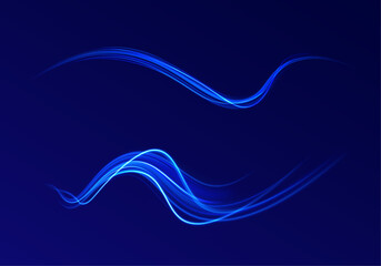 Futuristic dynamic motion technology blue glowing lines air flow effect.  Racing cars dynamic flash effects city road with long exposure. Horizontal speed lines connection vector background. 