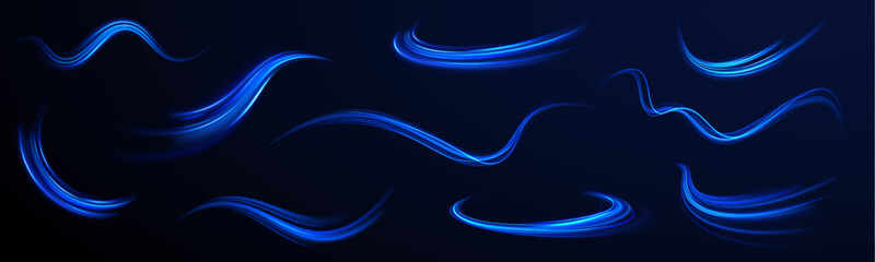 Racing cars dynamic flash effects city road with long exposure. Horizontal speed lines connection vector background. Futuristic dynamic motion technology blue glowing lines air flow effect.  