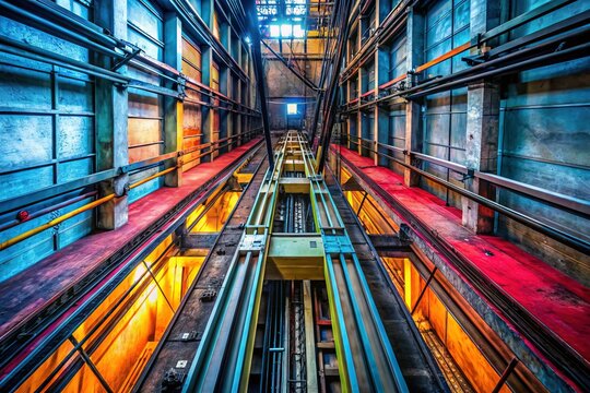 Raw Industrial Elevator Shaft: Steel Rails, Cables & Concrete &acirc;&euro;&ldquo; Stock Photo