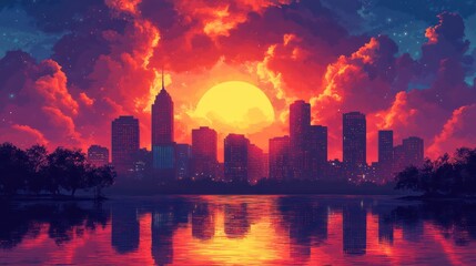Cityscape Sunset Reflection: A Breathtaking Digital Art