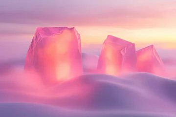 Fototapeten Colorful ice formations glow softly in a misty winter landscape at sunset © YouraPechkin