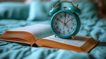 Time for Reading: A Teal Alarm Clock Rests Atop an Open Book on a Teal Bedspread