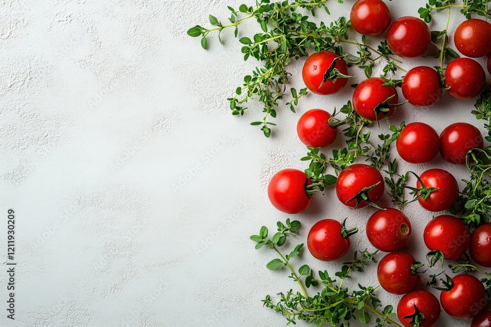 Poster fresh red cherry tomatoes and thyme sprigs arranged on a rustic white background, creating a vibrant