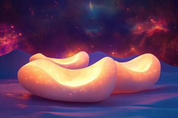 Obraz premium Unique glowing furniture pieces showcased in an imaginative cosmic landscape setting