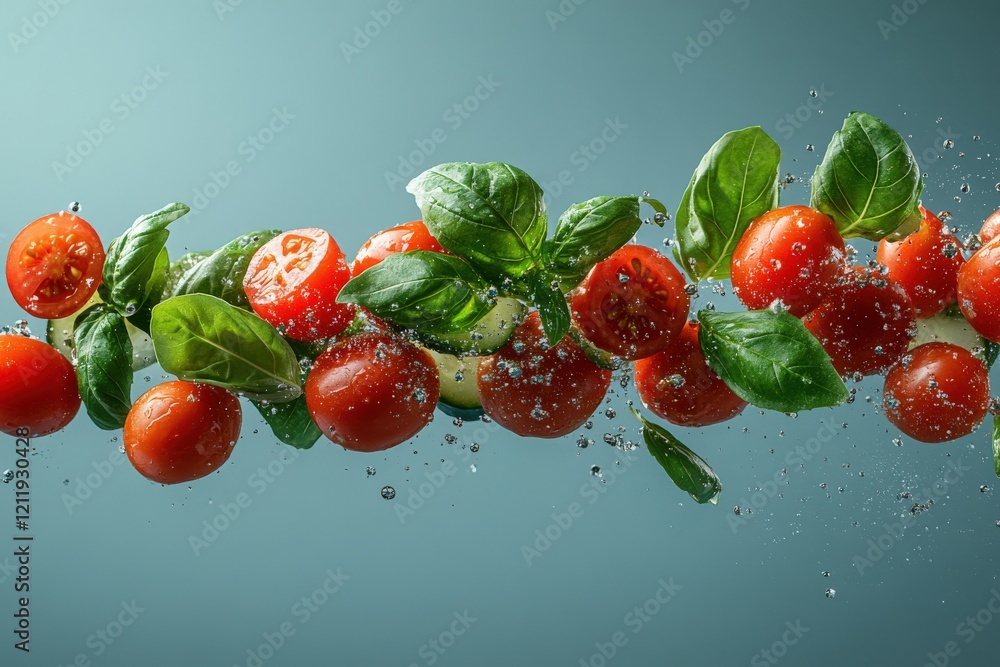 Poster vibrant cherry tomatoes, basil, and cucumber slices suspended in water, creating a dynamic splash. p