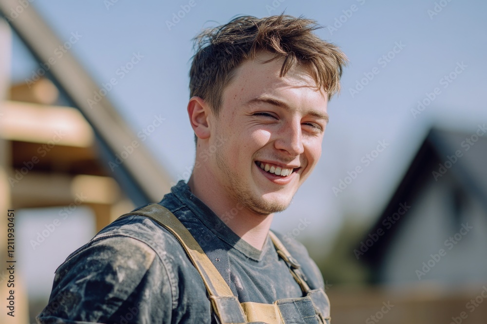 Poster a person wearing overalls and smiling directly into the camera