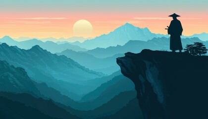 Silhouetted Monk Contemplates Vast Mountain Range Sunset