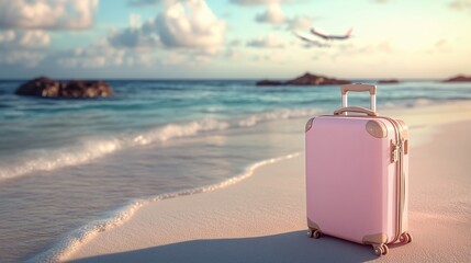 Pink suitcase on a beach with an airplane flying overhead during sunset near the ocean