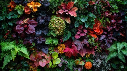 Autumnal foliage wall, vibrant colors, garden backdrop, nature texture