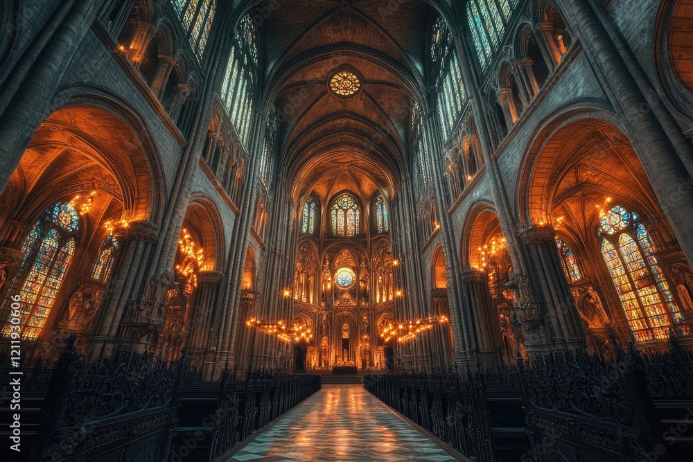Poster A large cathedral with many windows, suitable for use in images of architecture, buildings, or religious settings