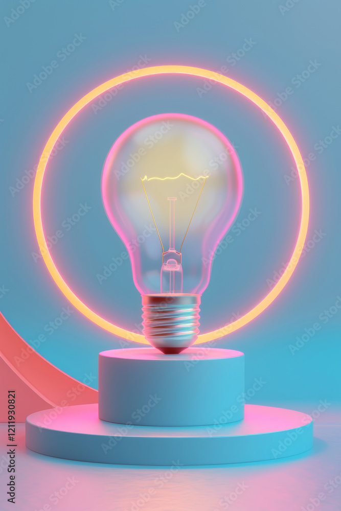 Poster a three-dimensional glowing light bulb on a blue background, a symbol of creative ideas and problem 
