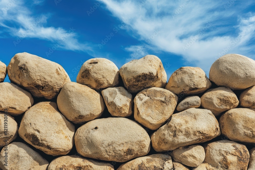 Poster a stone wall with a blue sky in the background, suitable for use as a backdrop or to add a rustic to