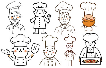 Set of icons with cheerful chefs in a minimalist style isolated on a transparent background