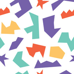 Colorful 90s memphis style pattern with cutout shapesa on white background