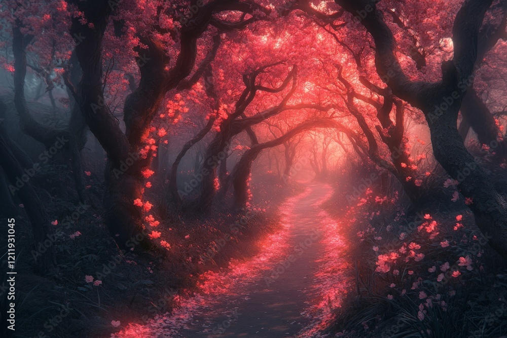 Poster a mystical woodland path bends through the darkness, illuminated by a radiant crimson glow that gent