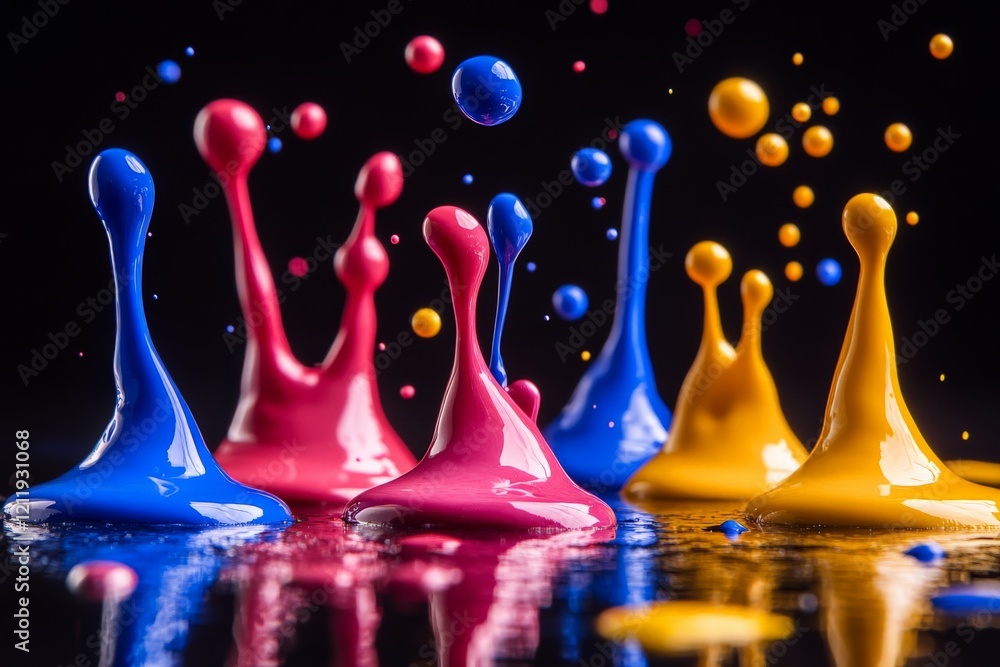 Fototapete dynamic paint splashes in vivid hues of blue, red, and yellow explode gracefully in mid-air, creatin