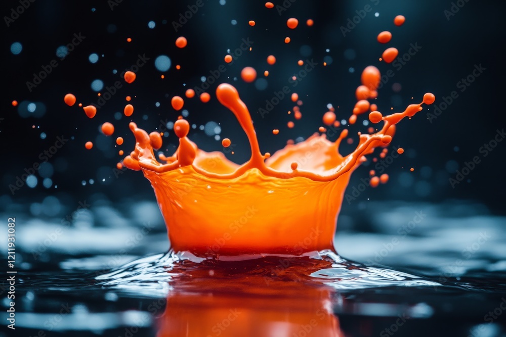 Poster a vibrant orange splash emerges in a dark setting, surrounded by droplets, creating an energetic and