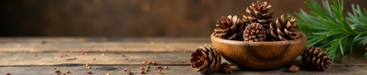 Wooden bowl on a wooden table with a few pinecones, rustic, pinecones