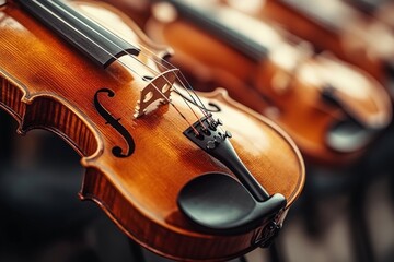 Fototapeta premium This image features a close-up of a violin, showcasing its elegant design and craftsmanship, with more violins lined up in the background in soft focus.