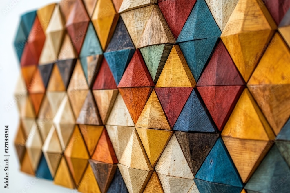 Poster Featuring a series of vibrant triangular wooden pieces arranged in an abstract geometric mosaic pattern, highlighting a blend of warm and cool colors.