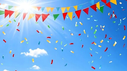 Colorful bunting flags and confetti celebrate in the sunny sky