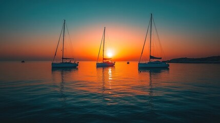 Three sailboats at sunset, calm sea, orange sky, reflection.