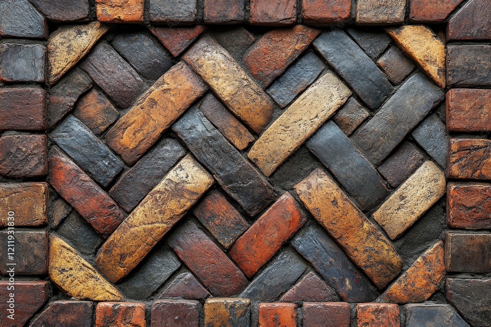 Poster A detailed image showcasing an interwoven brick pattern with a mix of earthy colors, creating a sophisticated and rustic aesthetic in a rectangular frame.