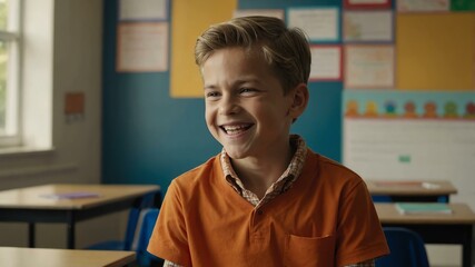kid caucasian male in orange shirt on classroom model portrait giggling for ad concept space for text