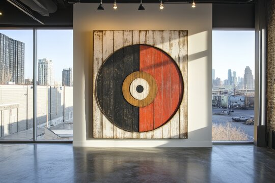 Displayed in a modern gallery setting, this large circular artwork contrasts black and red against the cityscape backdrop, embodying urban sophistication.