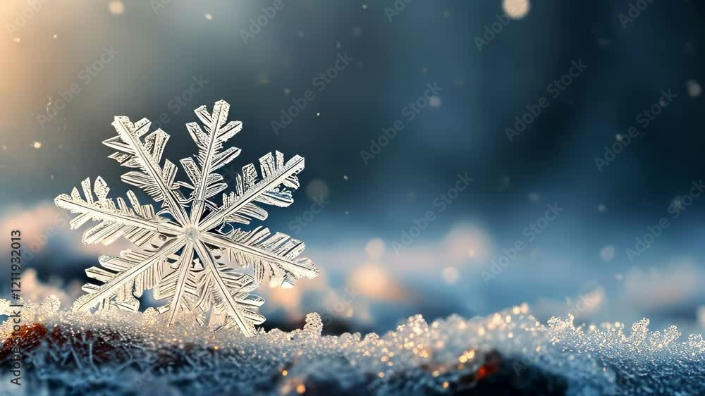 Poster close up of snowflake resting on glistening surface with soft illumination highlighting intricate de