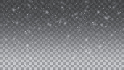 Realistic falling snow with snowflakes. Frost storm effect, snowfall, ice. Vector. Blurred snow particles. Flying glowing white dust. Vector illustration.
