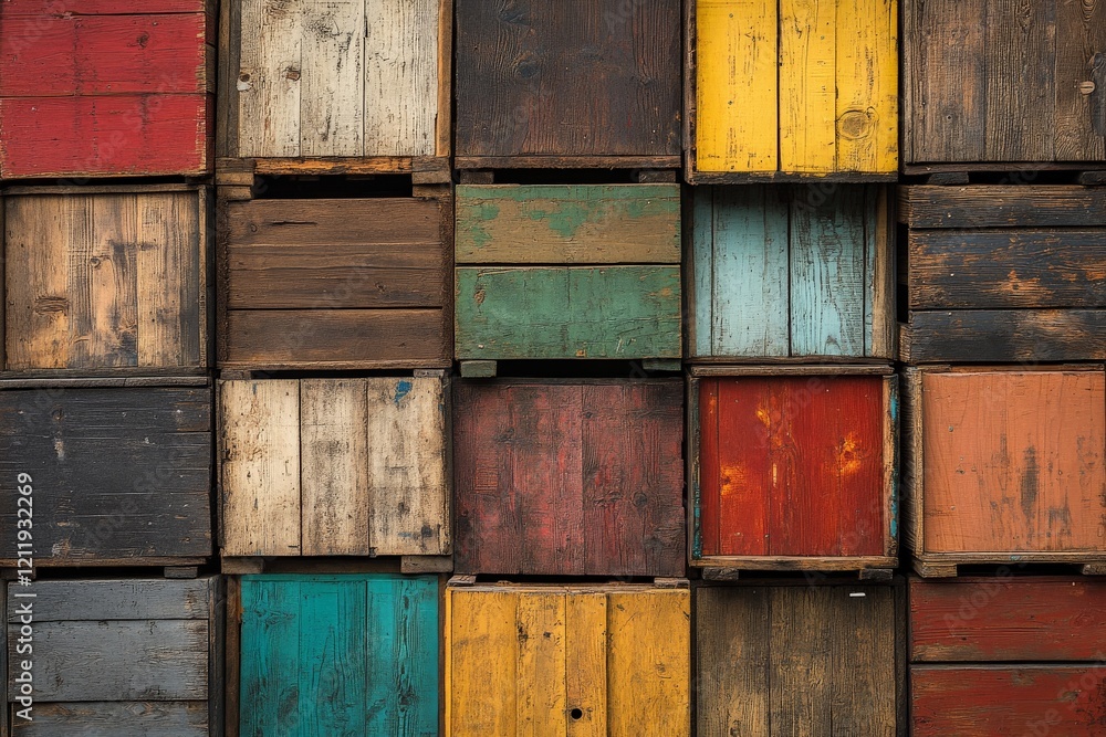 Aufkleber a vibrant collection of colorful wooden crates stacked geometrically, each crate offering a unique h