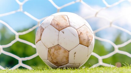Dirty soccer ball in goal net, sunny day, green field background, sports imagery