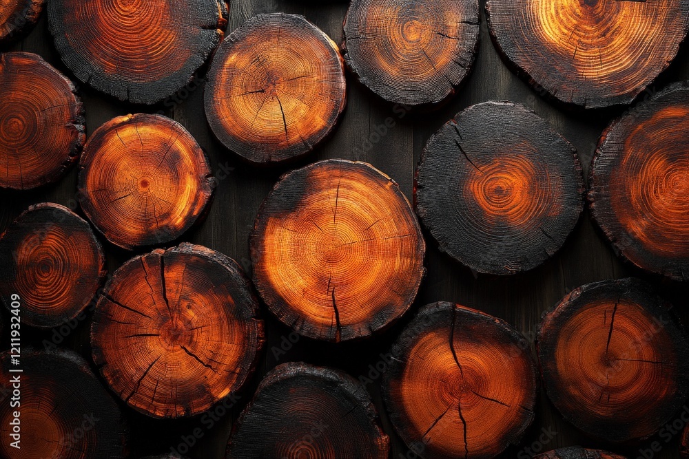 Poster This image features an array of charred wood slices showcasing striking orange grain patterns, providing contrast and warmth with a rustic and artistic appeal.