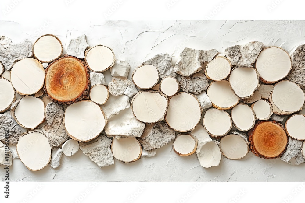 Aufkleber this image features an artistic arrangement of wood log slices combined with rough-textured elements
