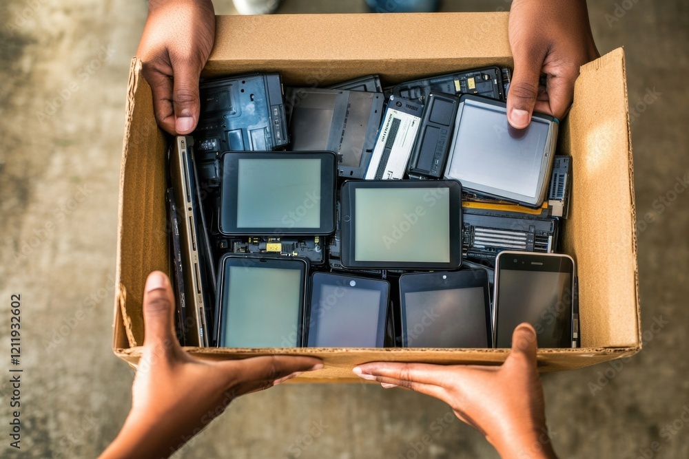 Poster Close-up view of two hands holding a box filled with various electronic devices