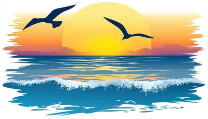 Serene Ocean Sunset With Two Birds In Flight