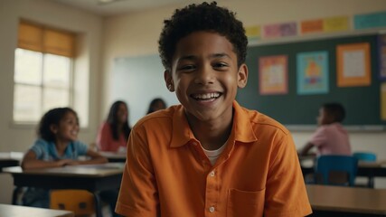 Obraz premium kid american male in orange shirt on classroom model portrait giggling for ad concept space for text