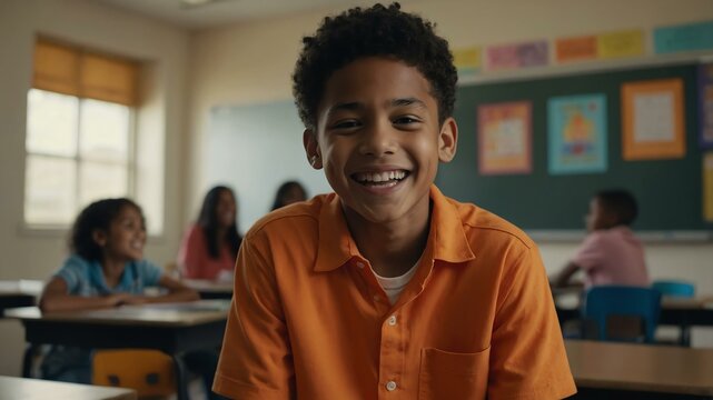 kid american male in orange shirt on classroom model portrait giggling for ad concept space for text