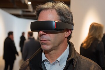 A man attends an indoor event while wearing a high-tech VR headset, epitomizing the modern fusion of social interaction with virtual reality experiences.