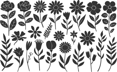 "Flower and Leaf Silhouette Collection: Hand-Drawn Black & White Floral Elements