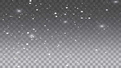 Realistic falling snow with snowflakes. Winter transparent background.