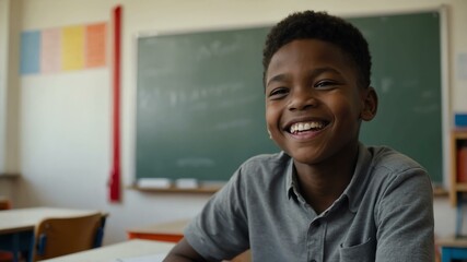 kid african male in gray shirt on classroom model portrait giggling for ad concept space for text
