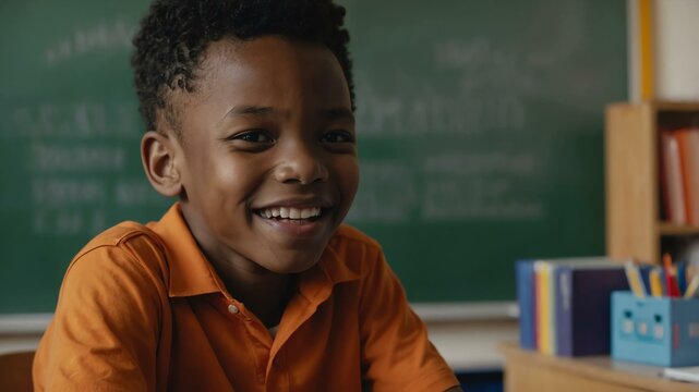 kid african male in orange shirt on classroom model portrait giggling for ad concept space for text