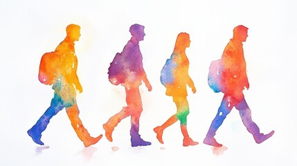 National Walking Day Colorful silhouette of people walking with backpacks in watercolor style for creative design