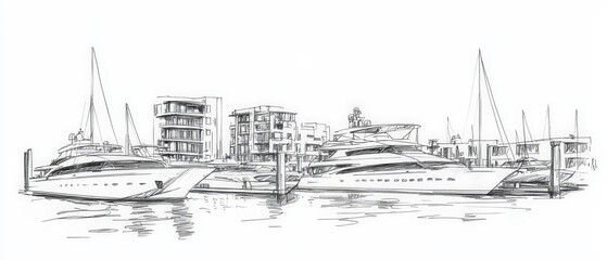 Fototapeta premium A sketch of a modern marina featuring luxury motor yachts and sailboats docked in front of waterfront apartment buildings. Generative AI